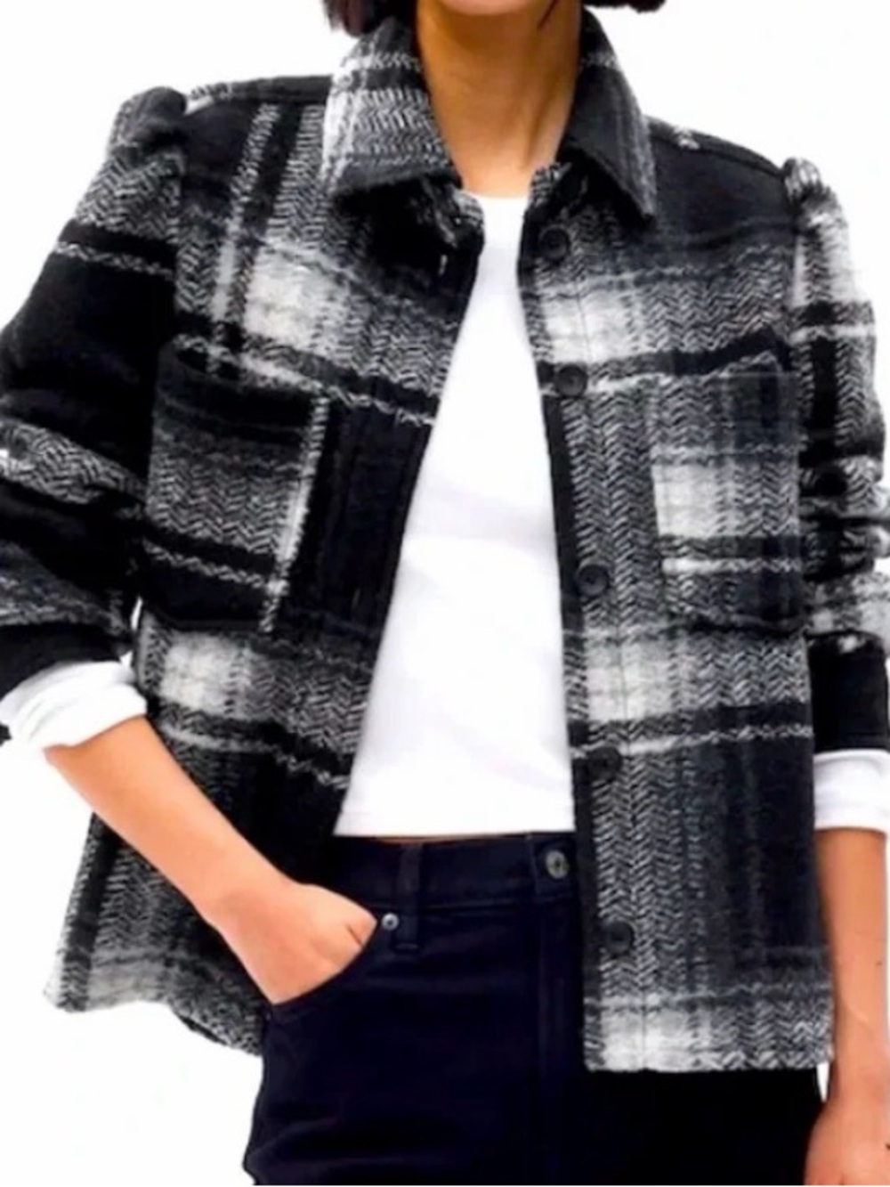GAP Black & Gray Plaid Button-Front Shacket